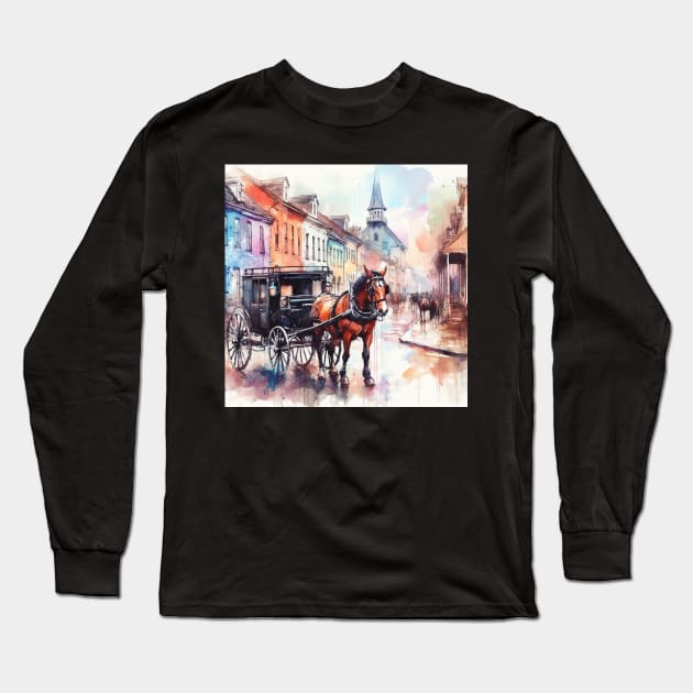 Artist illustration of an idealist town from the horse and buggy days. Long Sleeve T-Shirt by WelshDesigns